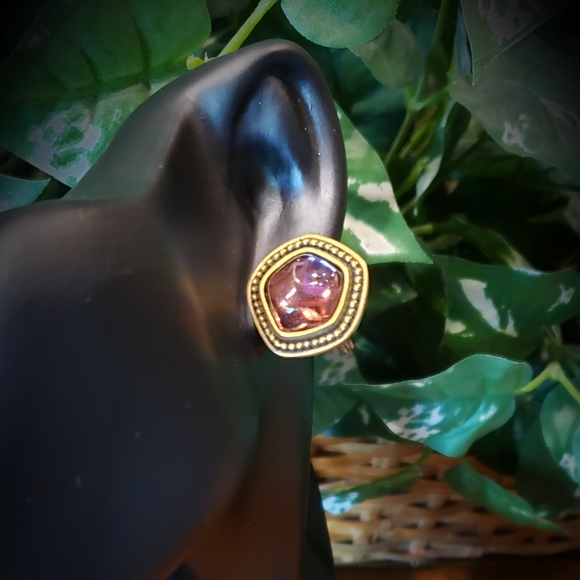 VTG YSL Designer Earrings - Aubergine Gripoix Glass / Gold Tone - EVC - Picture 8 of 11